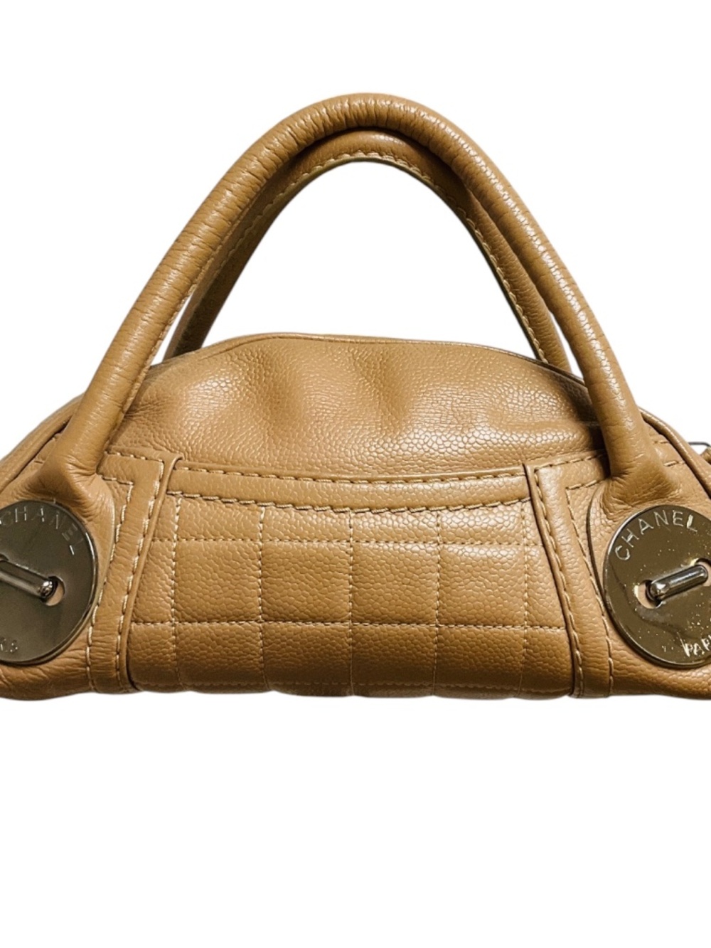 CHANEL RARE TAN BUTTON DOME CAVIAR LEATHER SMALL SATCHEL HANDBAG